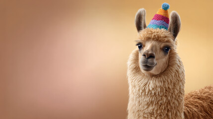 Fototapeta premium Cheerful funny llama animal wearing colorful pom pom party hat. Cute portrait with copy space on brown background for celebration