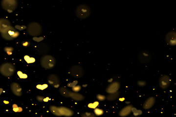 Yellow Heart Bokeh Background, Romantic Glowing Light Overlay on Black, Falling Heart Bokeh Lights, Heart-Shaped Bokeh