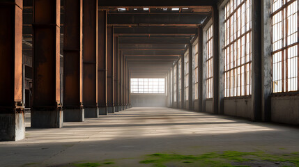 Sunlight bathes an empty factory floor. Massive metal pillars and large windows create a rhythmic pattern, leading to a bright, distant opening, hinting at rebirth, and possibility.