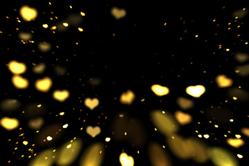 Yellow Heart Bokeh Background, Romantic Glowing Light Overlay on Black, Falling Heart Bokeh Lights, Heart-Shaped Bokeh