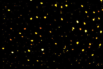 Yellow Heart Bokeh Background, Romantic Glowing Light Overlay on Black, Falling Heart Bokeh Lights, Heart-Shaped Bokeh