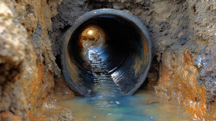 Fototapeta premium Close up view into new underground pipe in construction trench. Water flows from pipeline during installation for new infrastructure