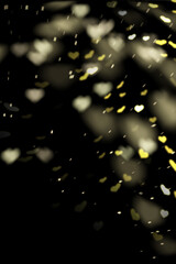 Yellow Heart Bokeh Background, Romantic Glowing Light Overlay on Black, Falling Heart Bokeh Lights, Heart-Shaped Bokeh