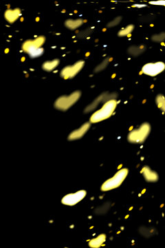 Yellow Heart Bokeh Background, Romantic Glowing Light Overlay on Black, Falling Heart Bokeh Lights, Heart-Shaped Bokeh