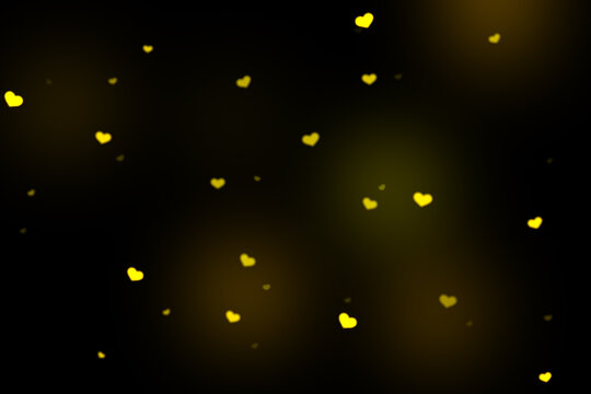 Yellow Heart Bokeh Background, Romantic Glowing Light Overlay on Black, Falling Heart Bokeh Lights, Heart-Shaped Bokeh