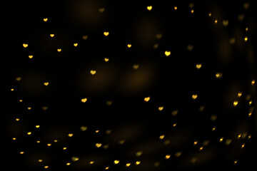 Yellow Heart Bokeh Background, Romantic Glowing Light Overlay on Black, Falling Heart Bokeh Lights, Heart-Shaped Bokeh