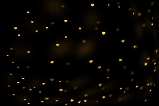 Yellow Heart Bokeh Background, Romantic Glowing Light Overlay on Black, Falling Heart Bokeh Lights, Heart-Shaped Bokeh