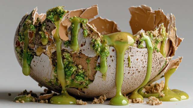 Single rotten egg symbolizes total failure and deep disgust. Broken cracked shell with green mold inside representing decay and contamination