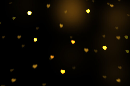 Yellow Heart Bokeh Background, Romantic Glowing Light Overlay on Black, Falling Heart Bokeh Lights, Heart-Shaped Bokeh