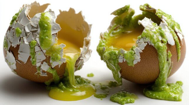 Concept of failure and disgust with rotten, broken egg showing decay. cracked shell oozes green substance over yellow yolk