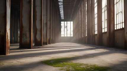 Urban decay captured in a large warehouse with weathered pillars and moss-covered floors bathed in sunlight, showcasing the beauty of abandonment and structural grandeur.