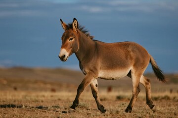 Fototapeta premium A donkey running across a dry, open landscape under a clear blue sky