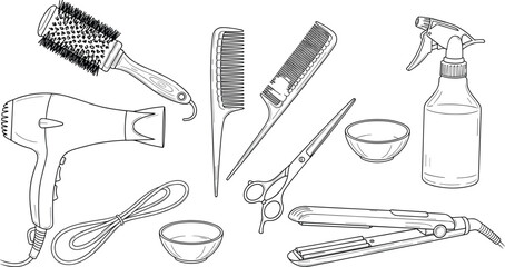 BlackProfessional Hairdressing Salon and Barbershop Tools Outline Collection for Beauty Industry Vector Illustration and White Christmas Holiday Icon