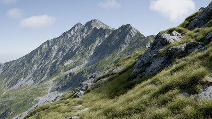 Serene mountain ridge with green grassy slope and rocky peak under blue sky. Majestic and vast nature landscape for adventure travel