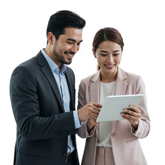 Fototapeta premium Smiling business professionals a man and woman looking at a tablet together isolated on transparent background