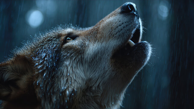 Majestic wild wolf howling in dark forest during sad pouring rain at night. lonely animal cry in dramatic powerful weather