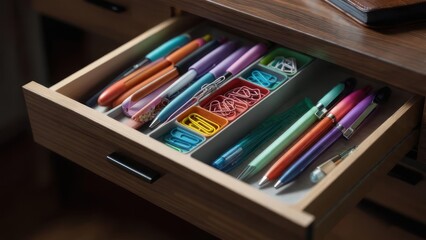 Organized wooden drawer with pens, paperclips, and other stationery items neatly arranged