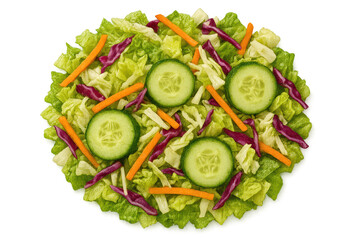 Fresh mixed green salad with cucumber, carrots, and cabbage on a transparent background.