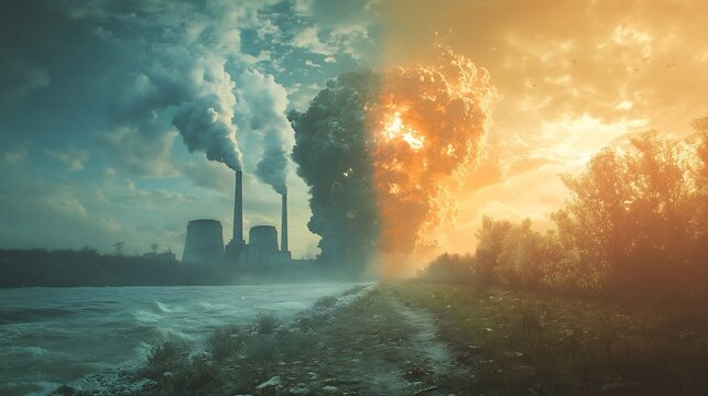 Dystopian vs utopian depiction of atomic energy usage showing two parallel worlds different outcomes