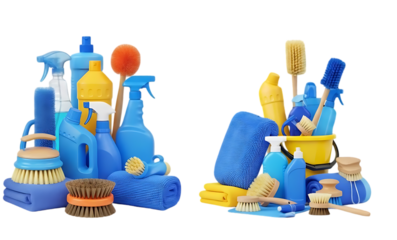 Colorful assortment of cleaning supplies and tools isolated on transparent background