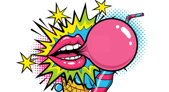 Vibrant pop art featuring a woman blowing a bubble with a pink bubblegum lollipop for a fun, retro, and playful design element perfect for any project