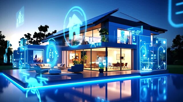 Modern smart home architecture with digital interface overlays. Solar panels on roof. Illuminated pool