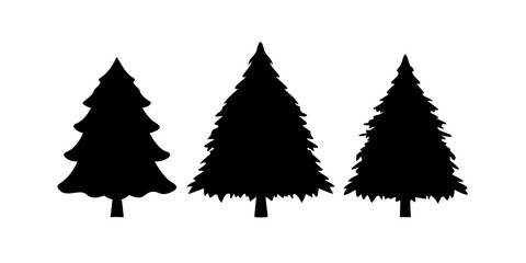 Obraz premium Black silhouettes of festive Christmas trees. Set of creative New Years trees. Modern fir trees for designing cards, invitations, and greeting cards. Clip art, vector elements .vector icon