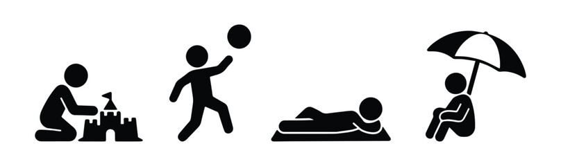Minimal stickmen at the beach: building a sandcastle, playing ball, relaxing on a towel, sitting under an umbrella. Clean black vector silhouettes.