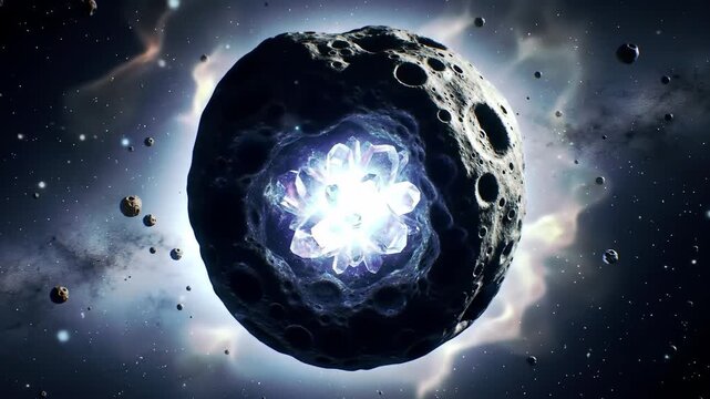 Glowing crystal erupts from asteroid in space, surrounded by celestial bodies, used for science fiction themes