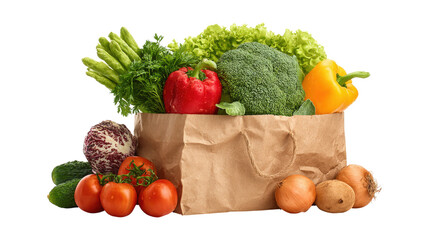 Supermarket. Paper bag full of healthy food isolated on a white background