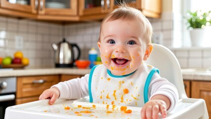 A baby sits in a high chair at home, smiling widely while eating. Food is splattered on the tray and baby shows joy with every laugh. It is a bright moment during mealtime
