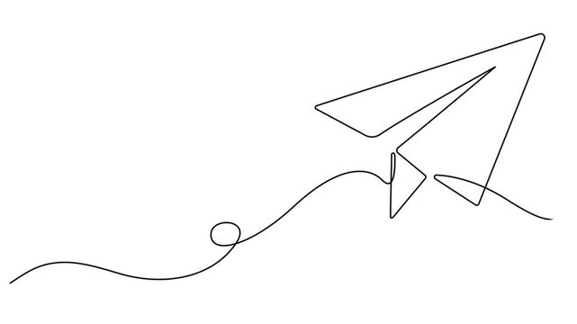 Paper plane origami one line art animation, hand-drawn airplane flying in air up continuous drawing contour motion. Trendy airplane  travel journey trip vacation outline minimalist outline video.