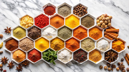 A colorful arrangement displays numerous spices and herbs in hexagonal containers. Each section holds a different spice or blend, showcasing textures and colors. The setup sits atop a marble surface