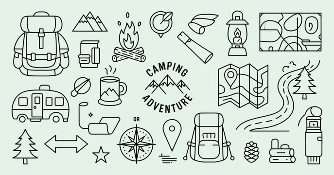 camping adventure sketch icon set including hand drawn outdoor elements, tent illustrations, campfire symbols, hiking gear, backpacks, and simple black and white vector artwork suitable for adventure 