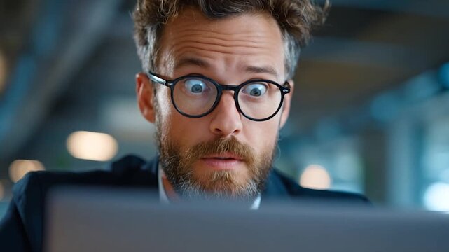 Business man with surprised expression looking at laptop screen, concept of professional work, office environment, business success, and technology
