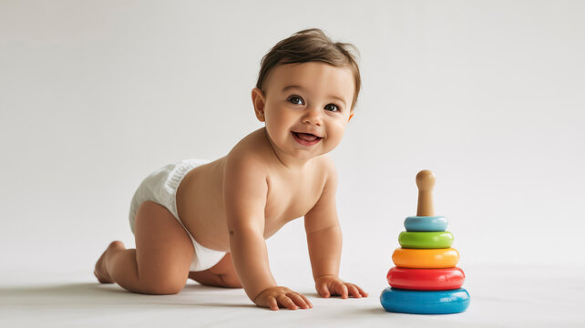 A delighted baby in a diaper crawls toward a colorful stacking toy. The baby smiles widely, showing joy while playing on a plain white surface