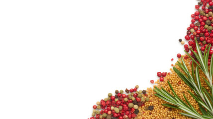 Various spices and herbs are spread on a white surface. The mixture includes colorful peppercorns and a sprig of rosemary. This blend is used for enhancing food flavors