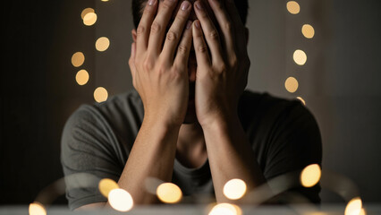Man covering face with hands expressing distress amid fairy lights  