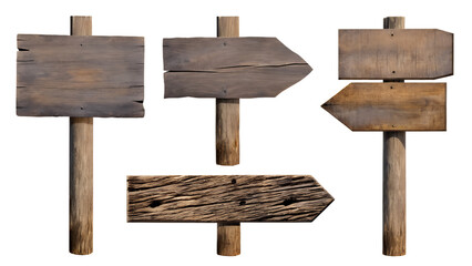 Collection of wooden direction signs with poles, isolated on white or transparent background