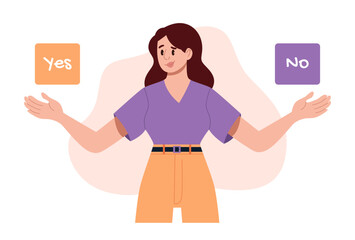 Young Woman Choosing Between Yes or No. Concept of Choice Selection, Answer, Accept or Refuse, Balance and Reflections. Flat Vector Illustration.
