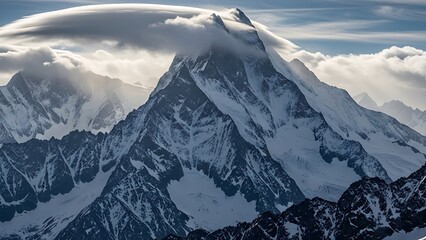 Majestic Snow-Capped Mountain Peaks with Dramatic Clouds  Glacier Landscape.