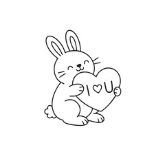 Bunny Holding "I Love You" Heart. Cute rabbit with a love message in a simple line-art style