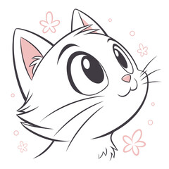 Cute white cat with big eyes and pink flowers