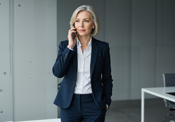 Professional woman talking on smartphone while standing in office