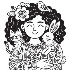Cozy Girl with Pets. A peaceful girl with curly hair holding a bunny while a cat and bird rest beside her.