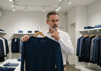 Middle-aged man contemplating sweater while shopping in clothing store  