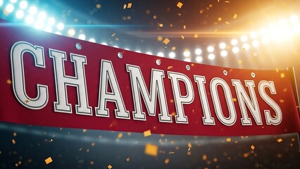Champions banner with confetti and stadium lights, celebrating victory