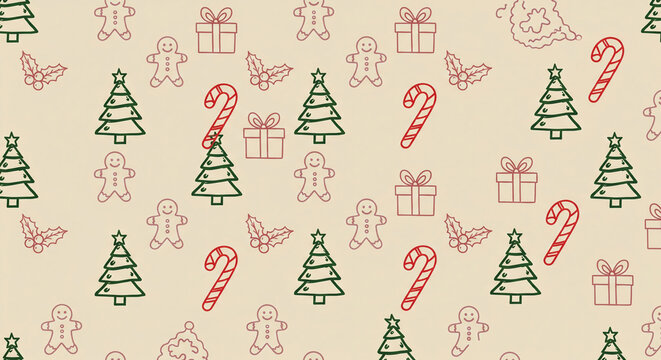 A charming, seamless holiday pattern featuring a Christmas tree, gingerbread man, gifts, and candy cane illustrations on a light brown background. 