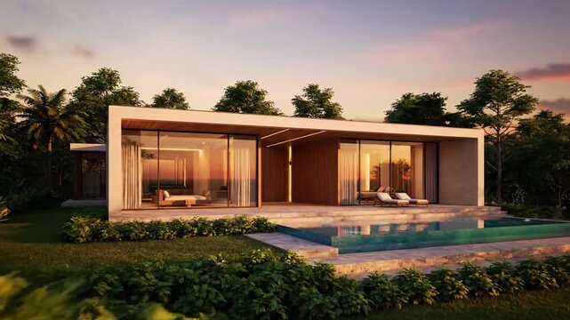 Skyline silhouettes against sunset with evening at the modern villa; effect nature landscape style featuring nature, evening, villa,