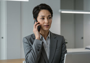 Businesswoman talking on the phone while working at a desk  